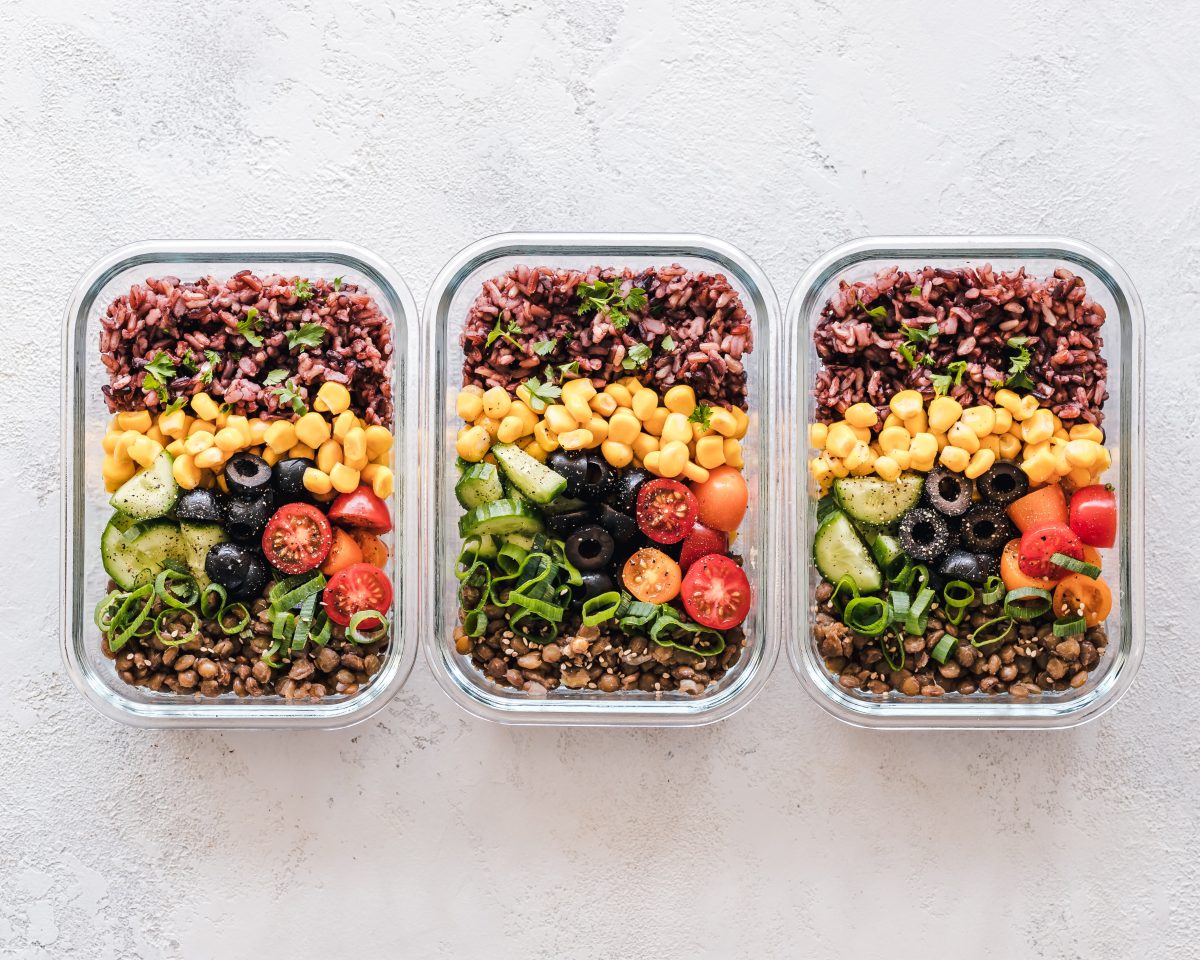 A colorful photo of fresh, healthy, meatless food in three containers.